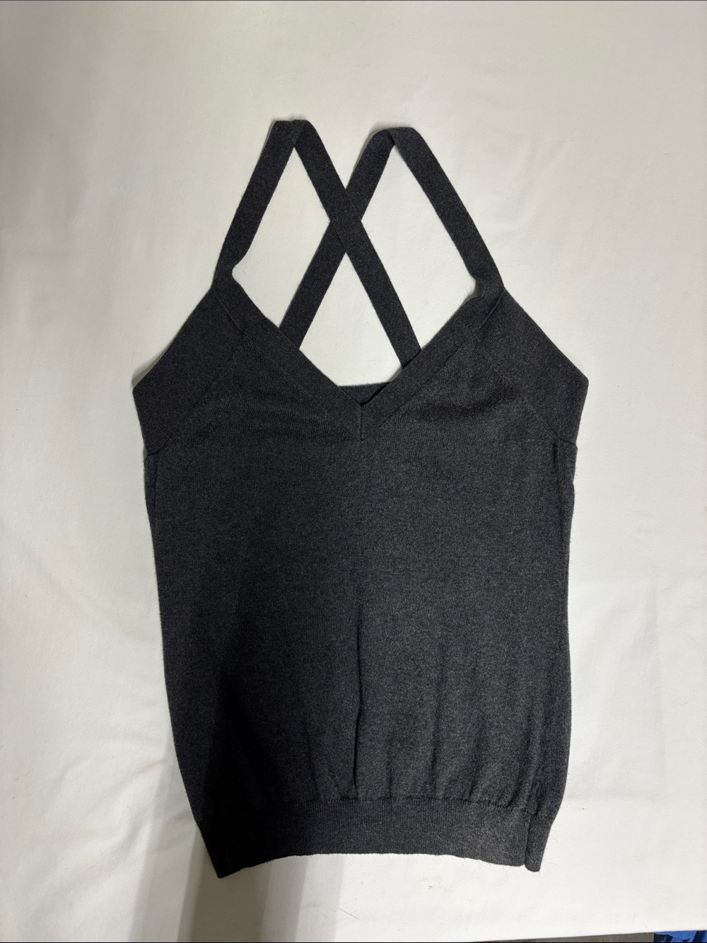 Moda International Cotton Cashmere Sweater Tank L Charcoal Gray Criss Cross Stra
